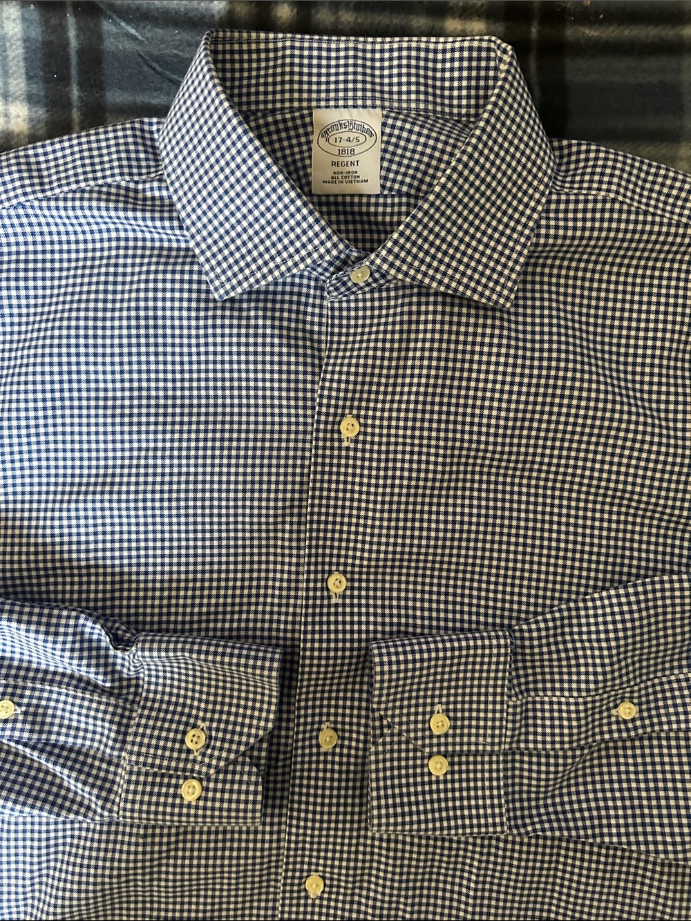 Brooks Brothers Regent Gingham Navy White Pattern Men’s Dress Shirt Size 17-4/5